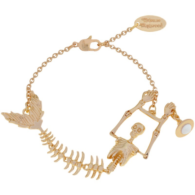 Mermaid Skeleton Saturn Pendant Punk Gold Plated Sterling Silver Bracelet