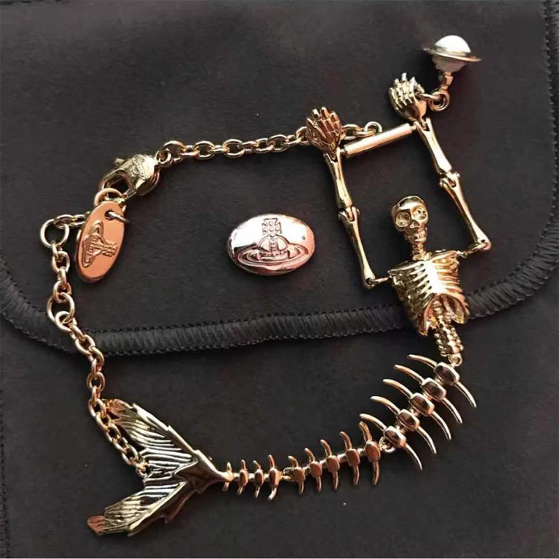 Mermaid Skeleton Saturn Pendant Punk Gold Plated Sterling Silver Bracelet