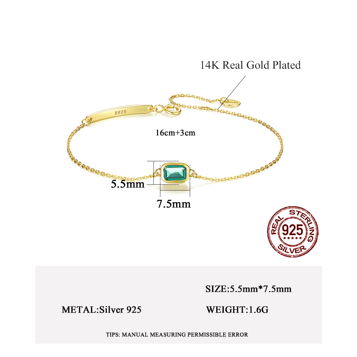 18K Gold Plated Emerald Green Chain Link Sterling Silver Bracelet