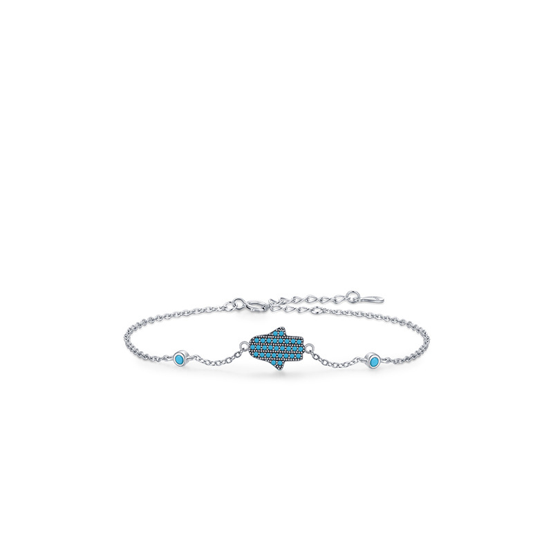 Rhodium Plated Vintage Turquoise Fatima Hand Sterling Silver Bracelet
