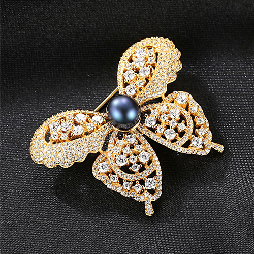 18K Gold Plated 3A Microinlaid Cz Pearl Vintage Butterfly Sterling Silver Pin