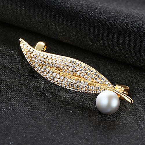 18K Gold Plated 3A Cz Natural Pearl Sterling Silver Pin