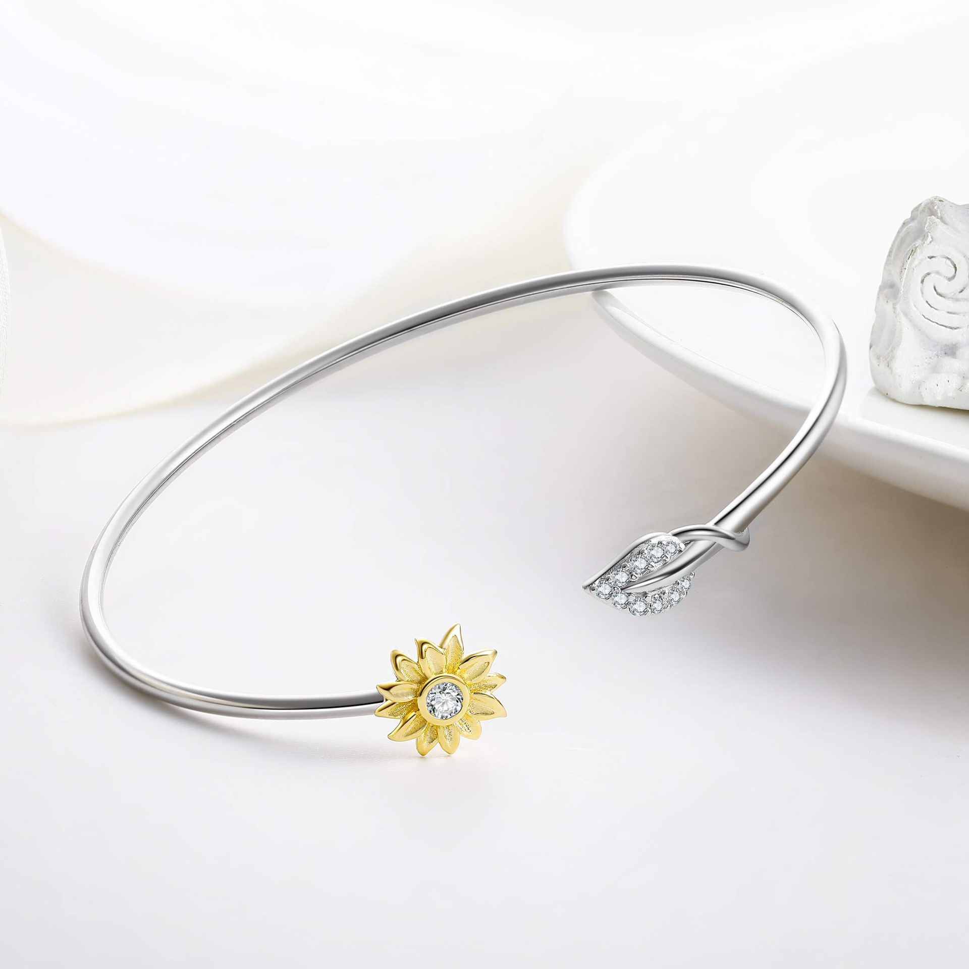 Rhodium Plated Cz Sunflower Pearl Sterling Silver Bracelet