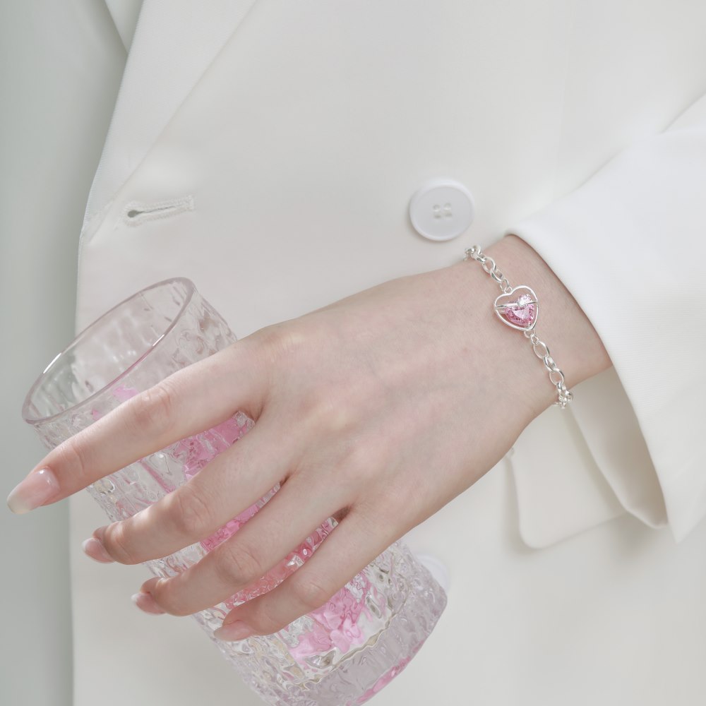 Cz Pink Heart Shaped Sterling Silver Bracelet