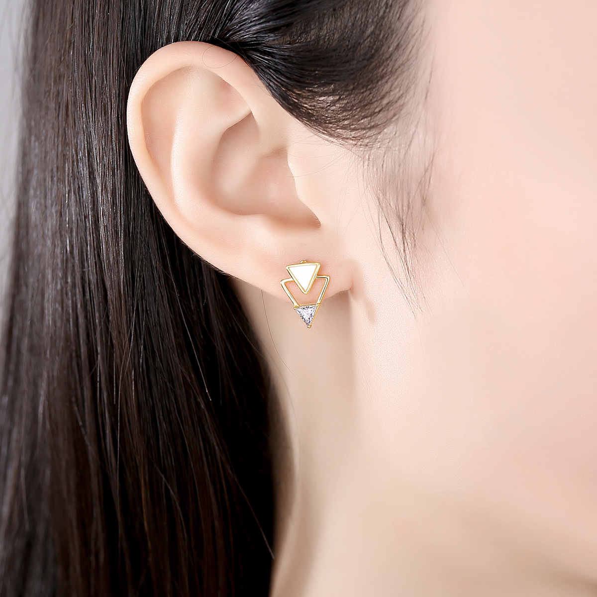 18K Gold Plated Geometric Triangle With Cz Sterling Silver Ear Stud