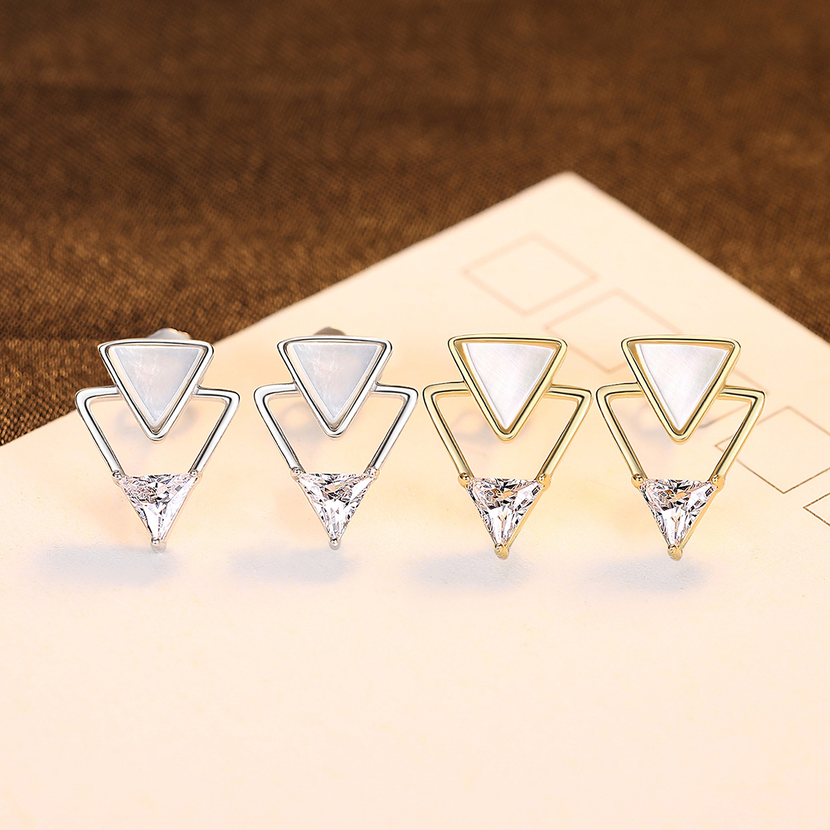 18K Gold Plated Geometric Triangle With Cz Sterling Silver Ear Stud