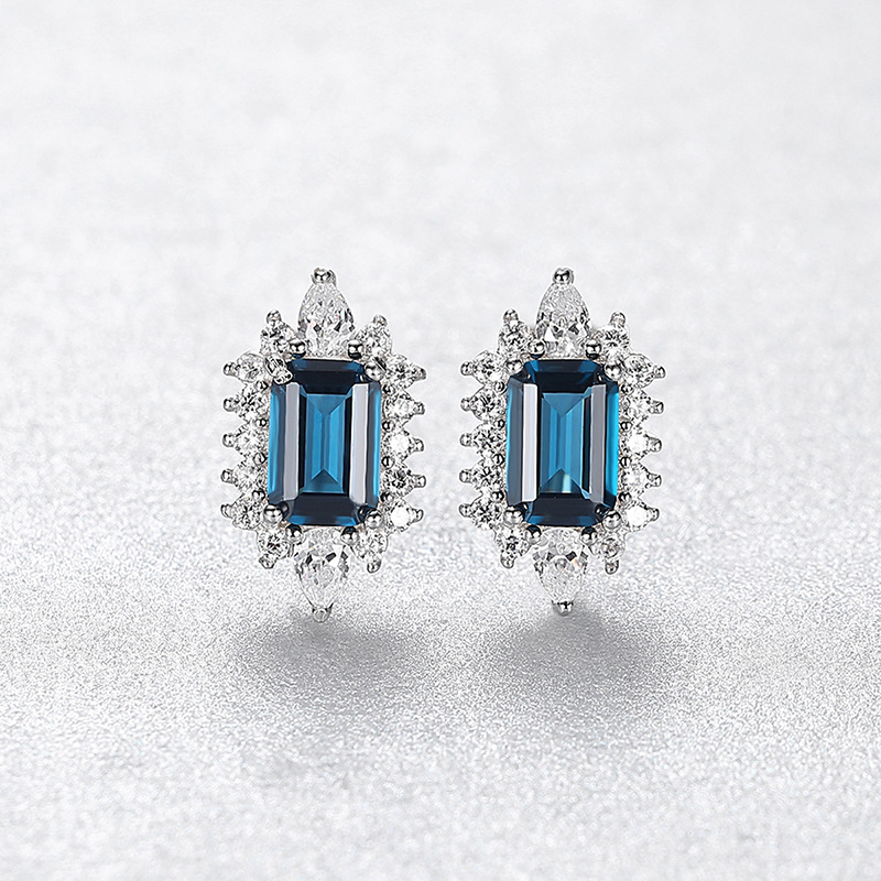 Rhodium Plated VVS Blue Sapphire Sythetic Gem Sterling Silver Earrings