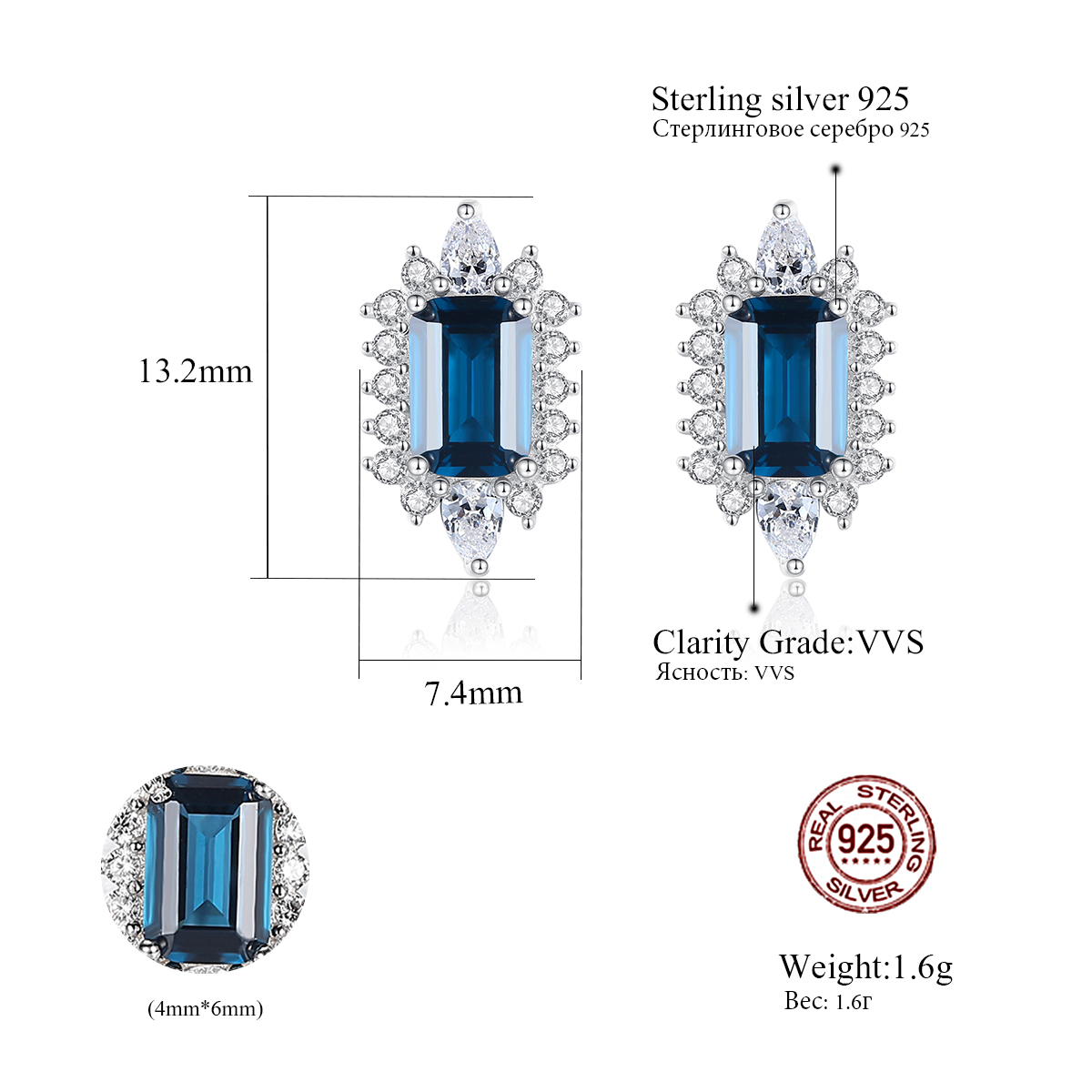 Rhodium Plated VVS Blue Sapphire Sythetic Gem Sterling Silver Earrings