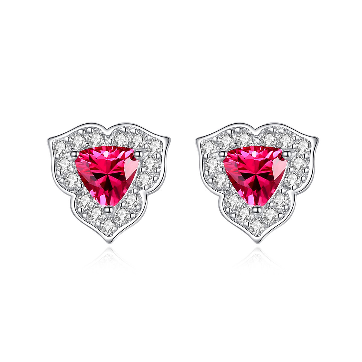 Rhodium Plated Elegant Triangle VVS Red Heart Shape Sterling Silver Earrings