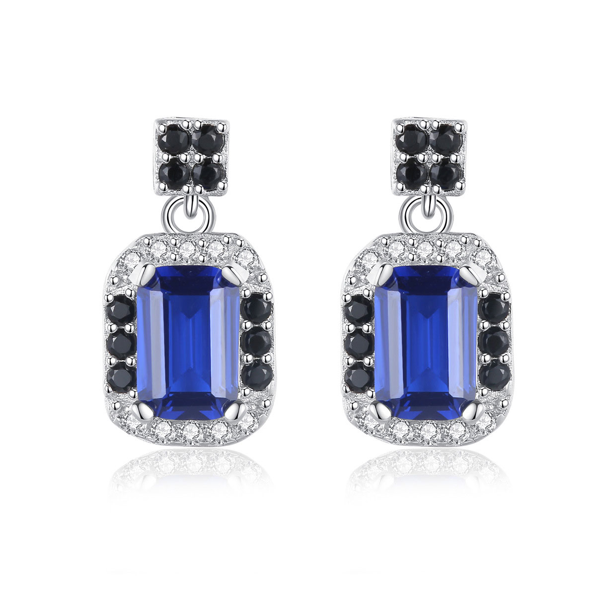 Rhodium Plated Rhinestone VVS Blue Sapphire Sterling Silver Stud Earrings