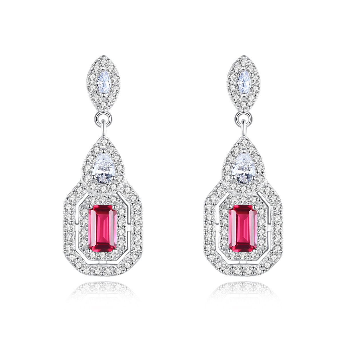 Rhodium Plated VVS Red Ruby Sterling Silver Earrings