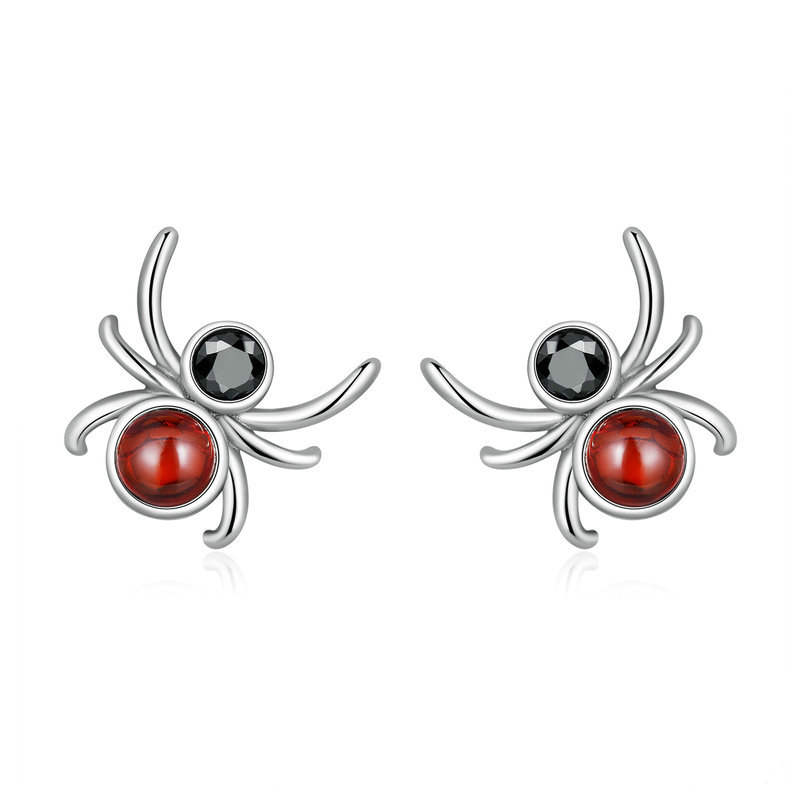 Red And Black Spider Halloween Sterling Silver Stud Earrings