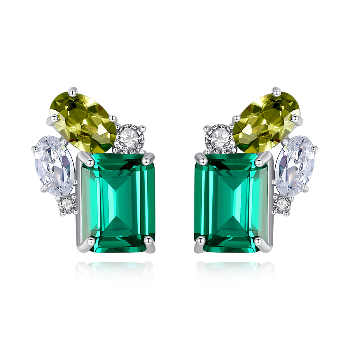 Emerald Cz Stud Sterling Silver Earrings