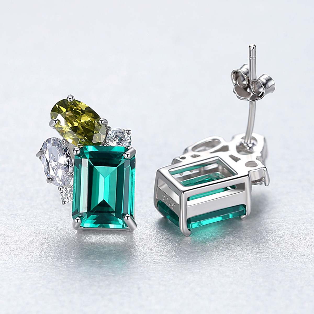 Emerald Cz Stud Sterling Silver Earrings