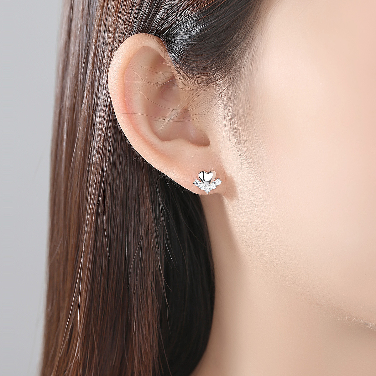Cz Heart Mini Ear Bone Stud Sterling Silver Earrings