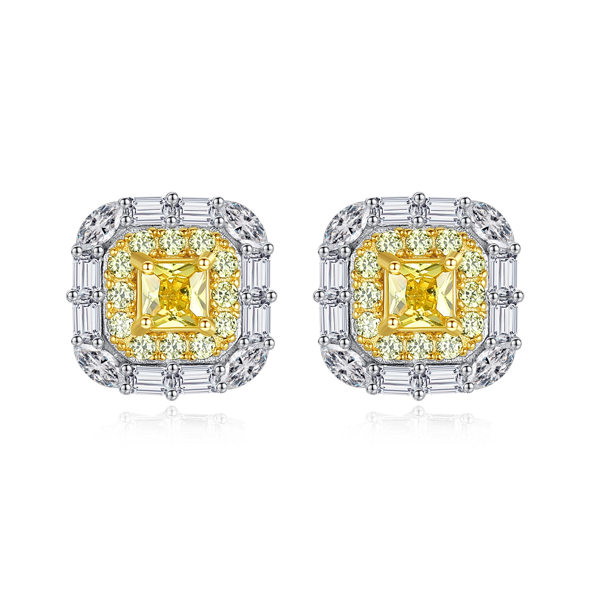 Cz Micro-Inlaid Color Treasure Square  Stud Sterling Silver Earrings