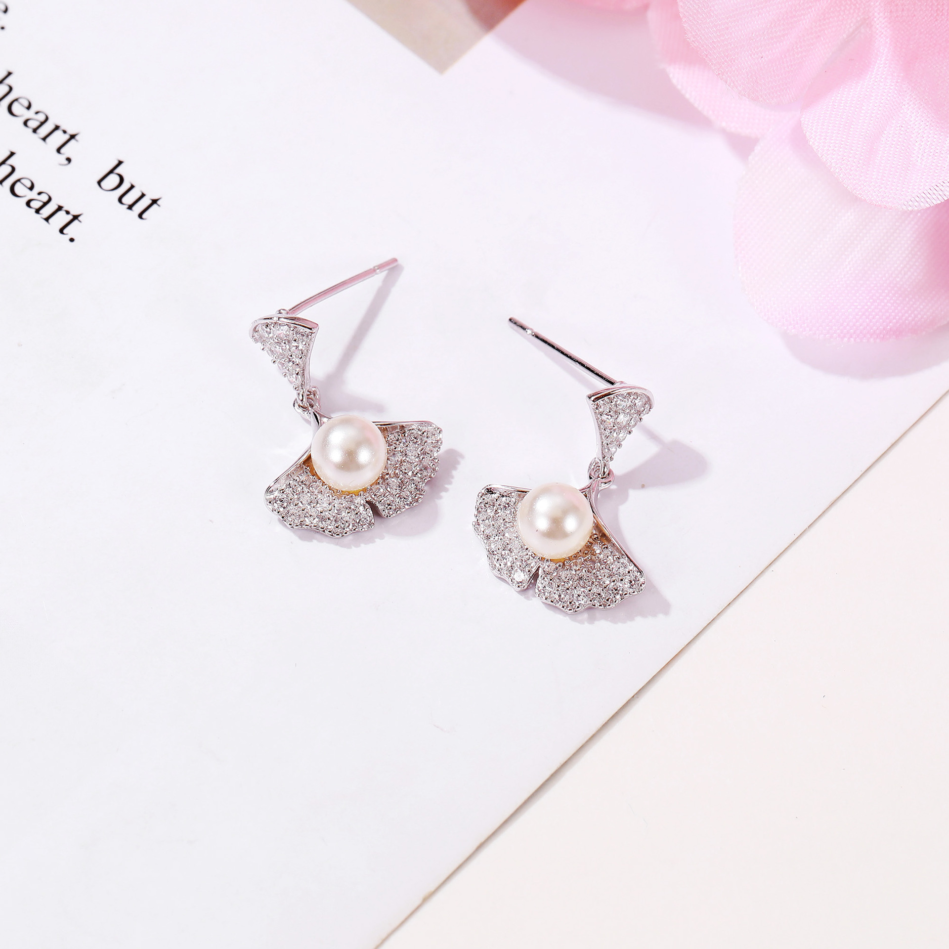 Cz with Fresh Water Pearl Gingko Leaf Sterling Silver Earrings