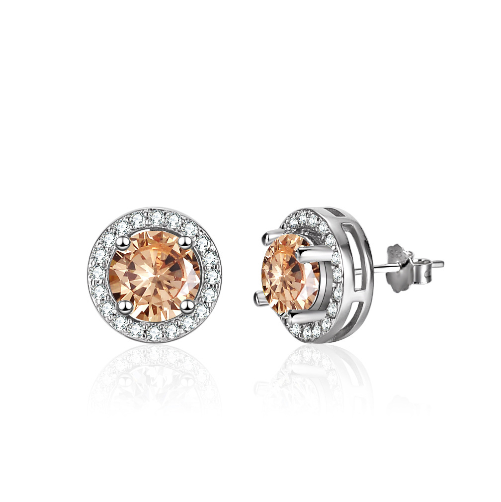Cz Champagne Color Square Sterling Silver Stud Earrings