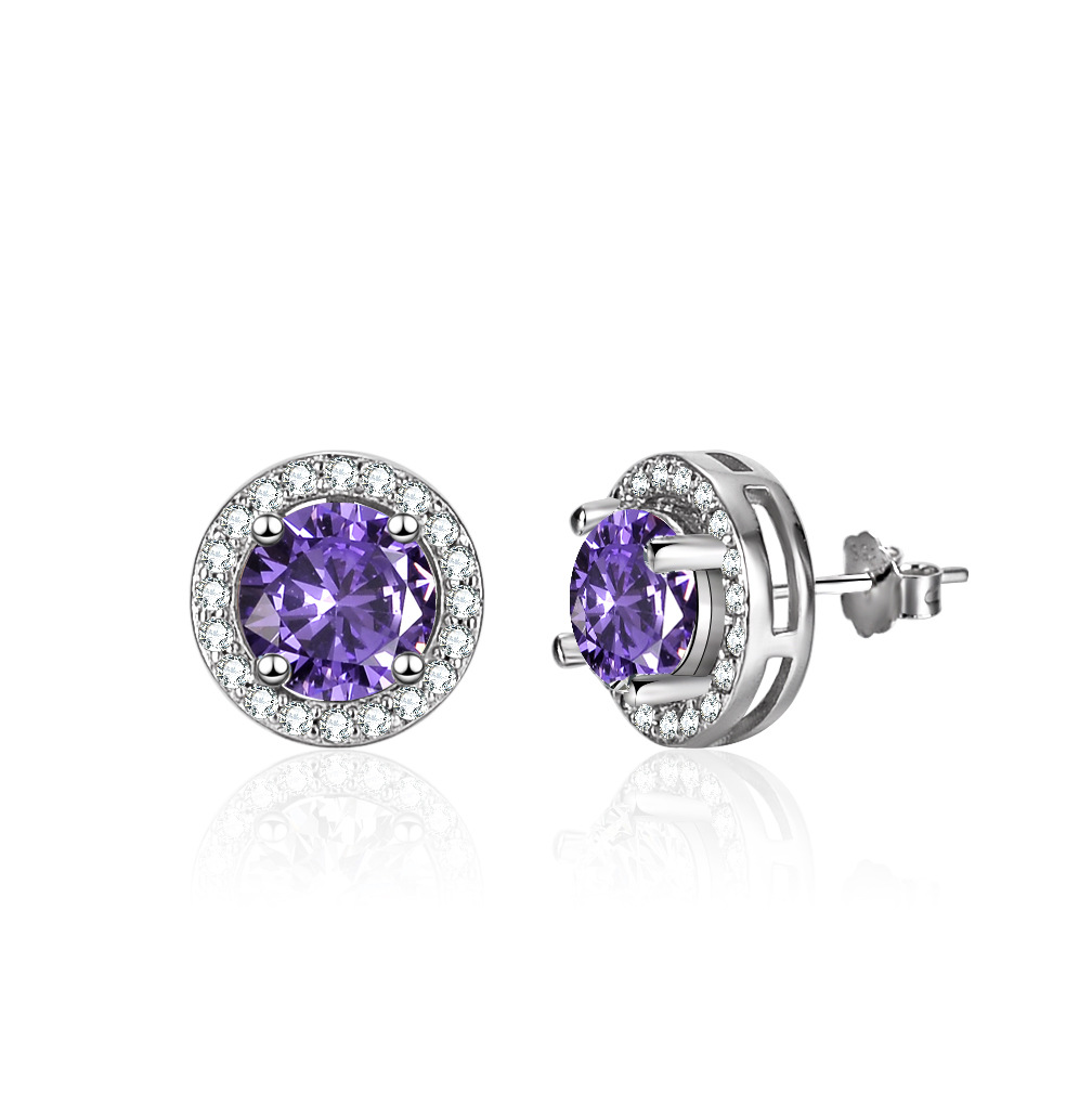 Cz Purple Color Square Sterling Silver Stud Earrings