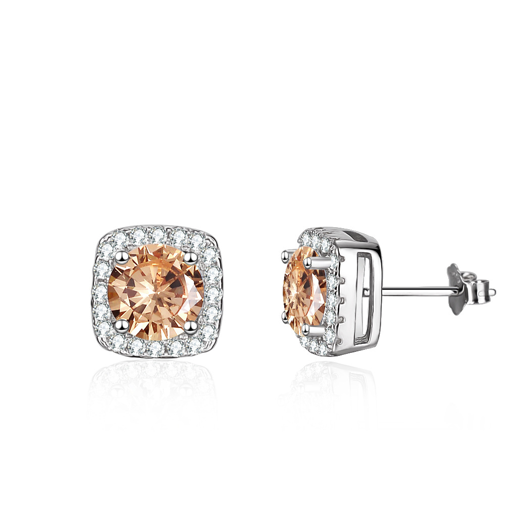 Cz Champagne Color Gem Square Sterling Silver Stud Earrings