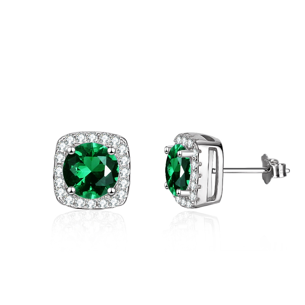 Cz Green Color Gem Square Sterling Silver Stud Earrings