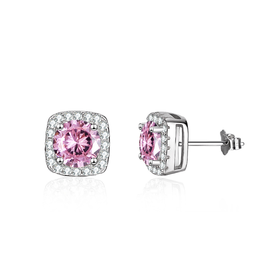 Cz Pink Color Gem Square Sterling Silver Stud Earrings