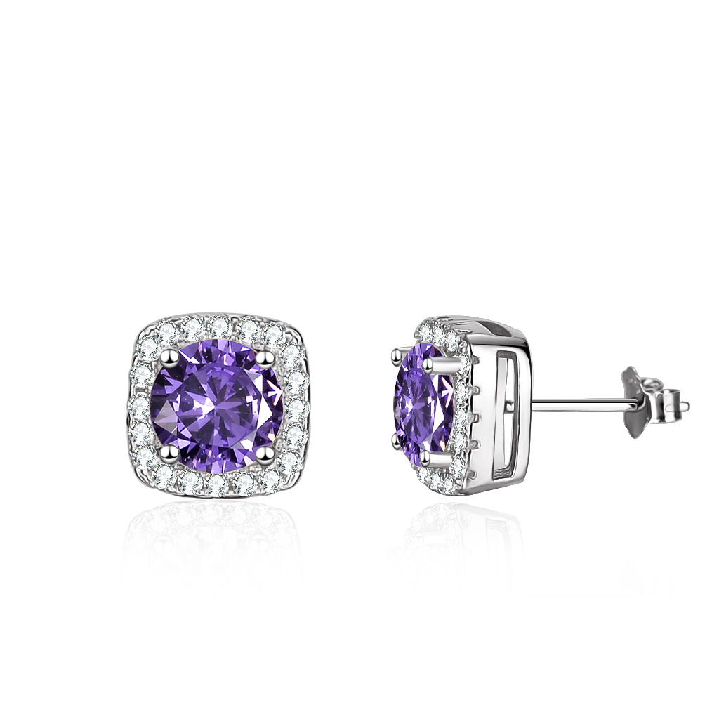 Cz Purple Color Gem Square Sterling Silver Stud Earrings