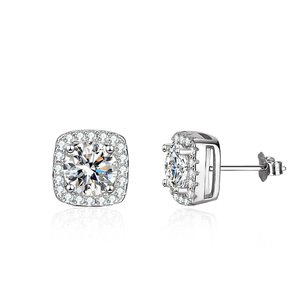 Cz White Color Gem Square Sterling Silver Stud Earrings
