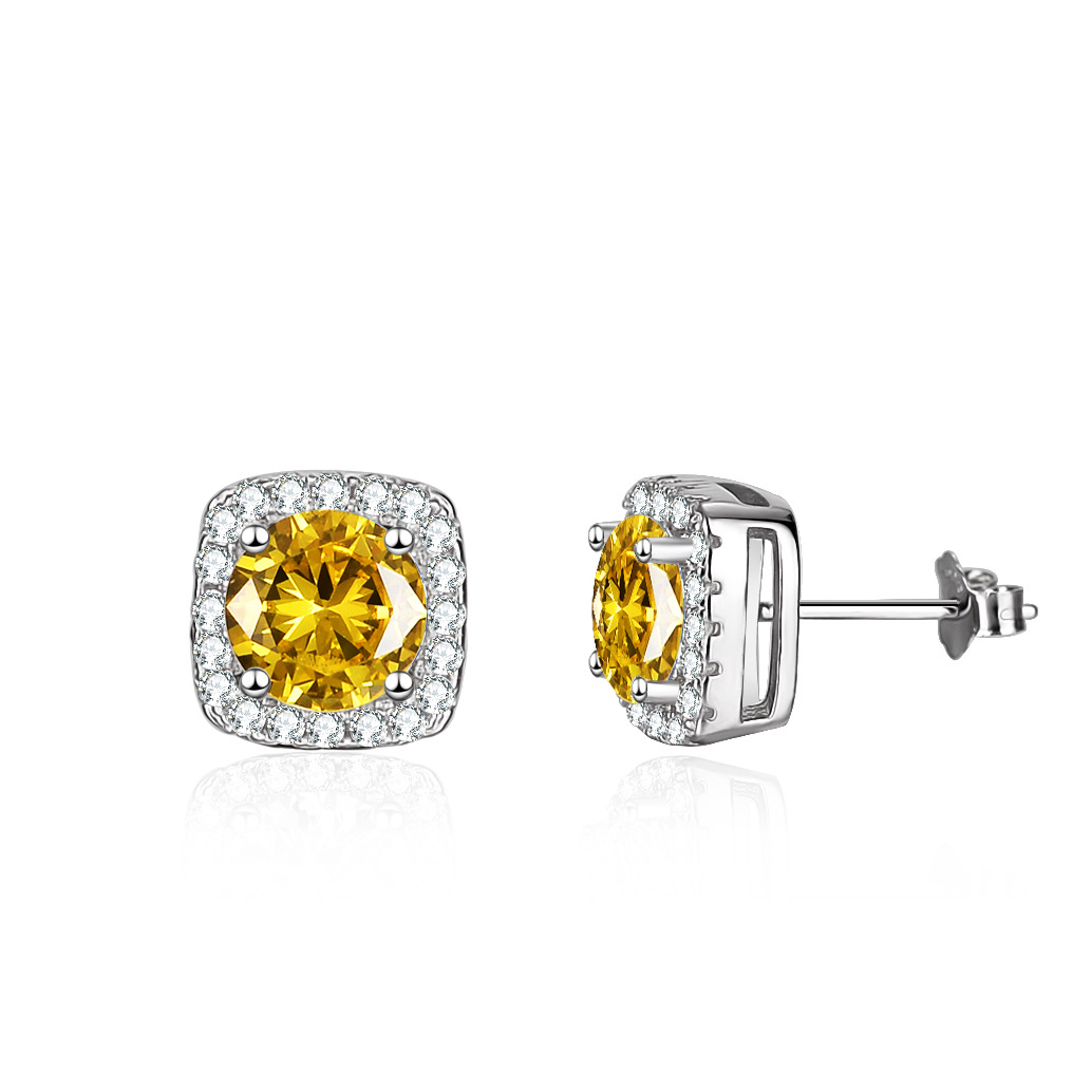 Cz Yellow Color Gem Square Sterling Silver Stud Earrings