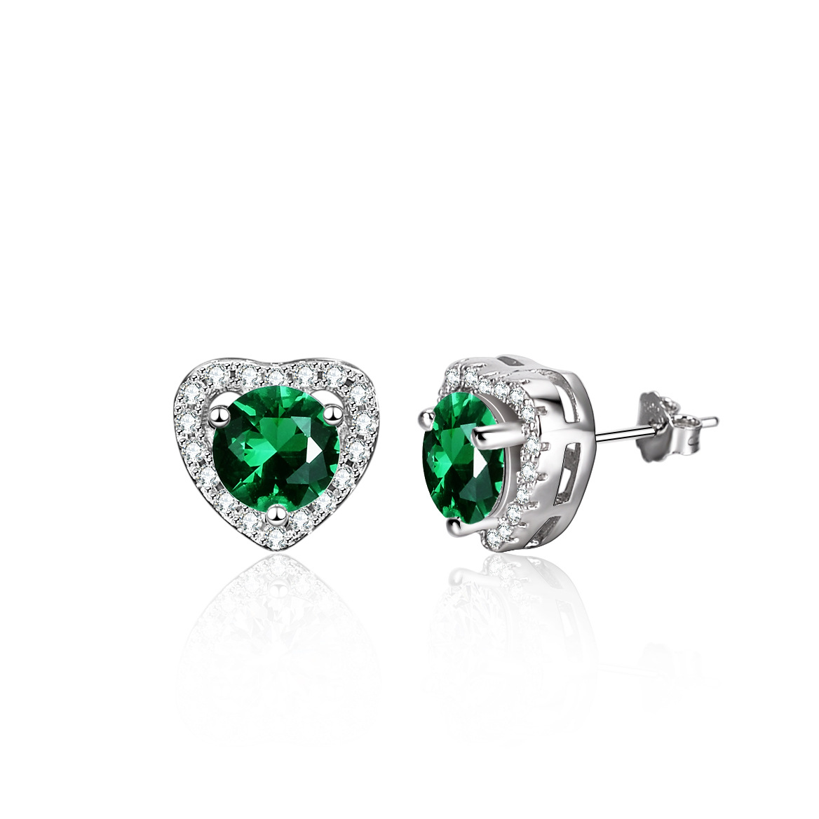 Cz Green Color Gem Heart Sterling Silver Stud Earrings