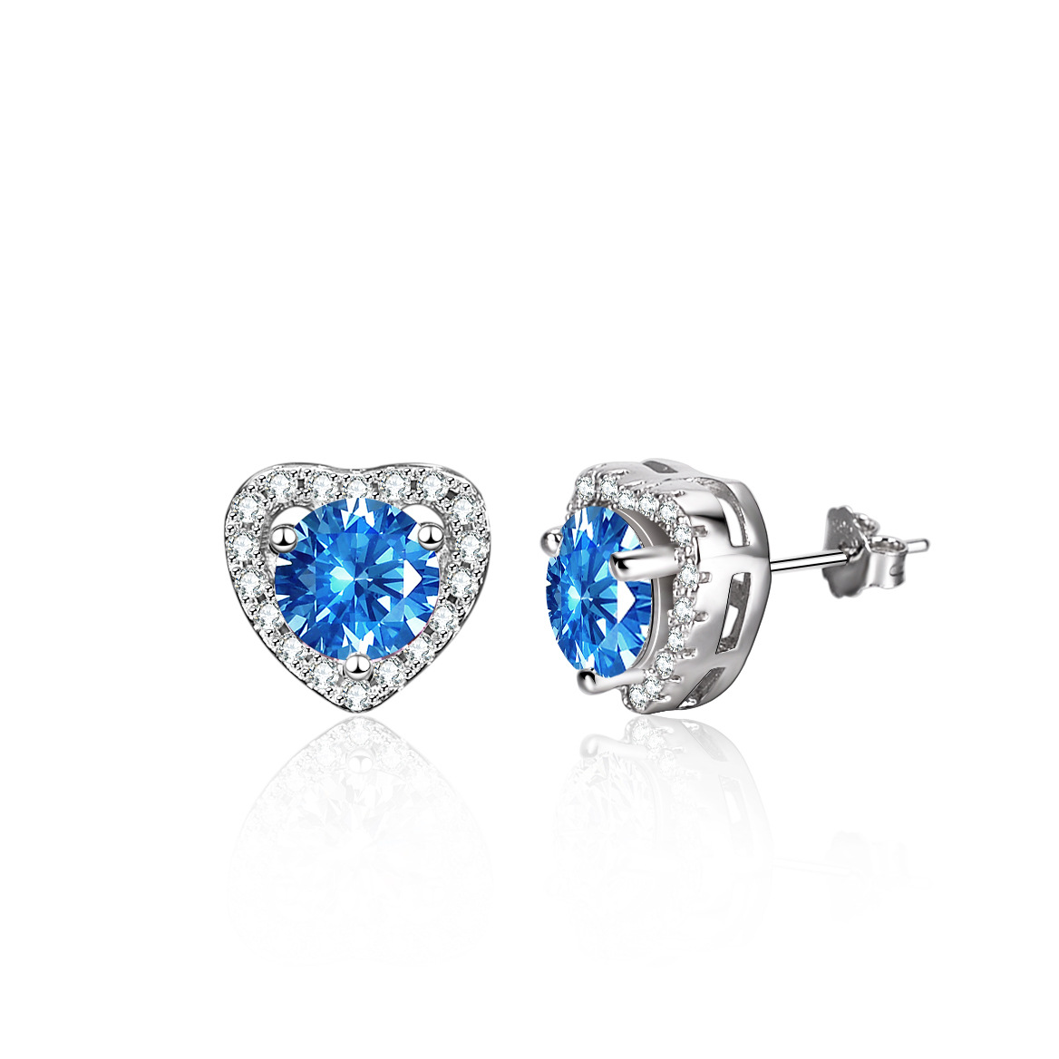 Cz Light Blue Color Gem Heart Sterling Silver Stud Earrings