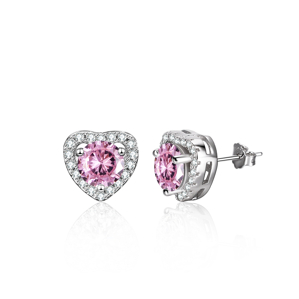 Cz Pink Color Gem Heart Sterling Silver Stud Earrings