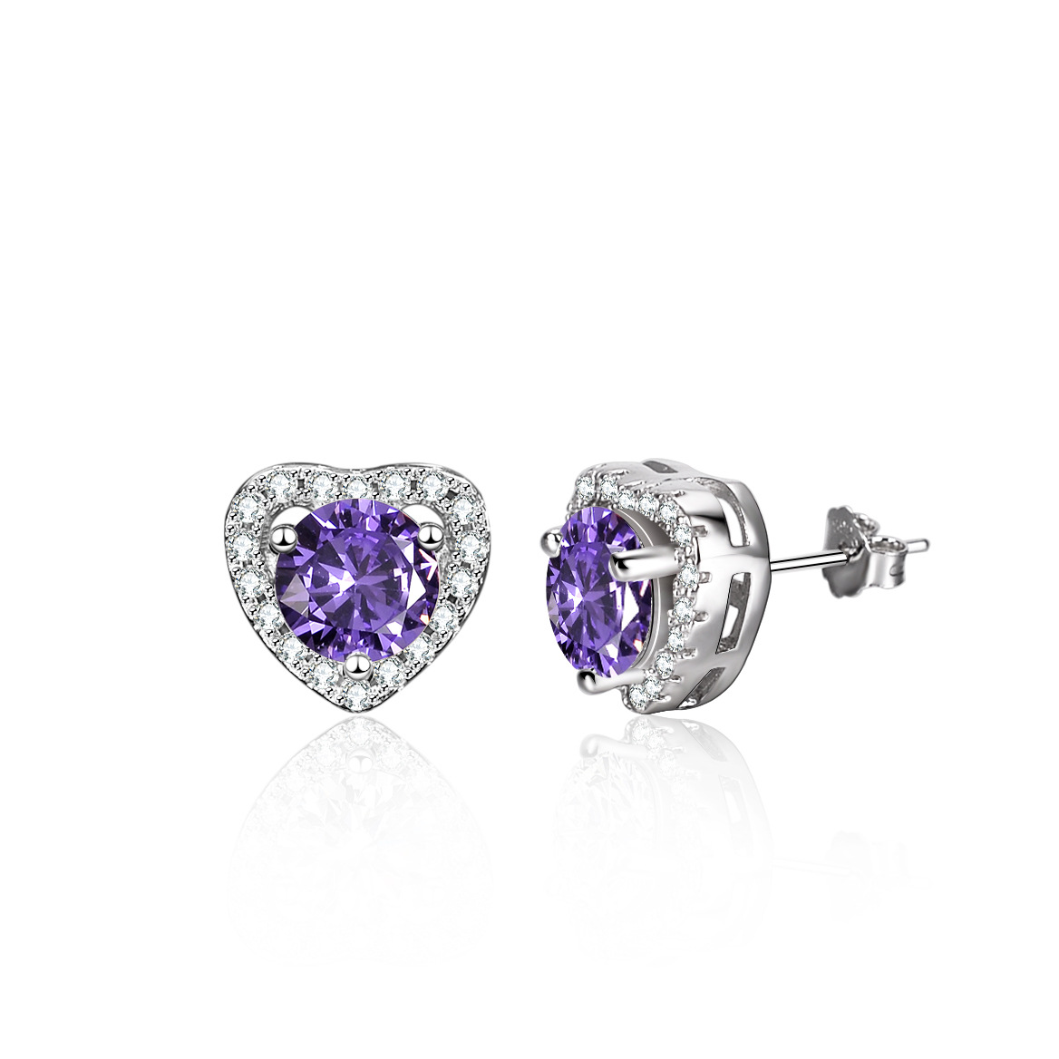 Cz Purple Color Gem Heart Sterling Silver Stud Earrings