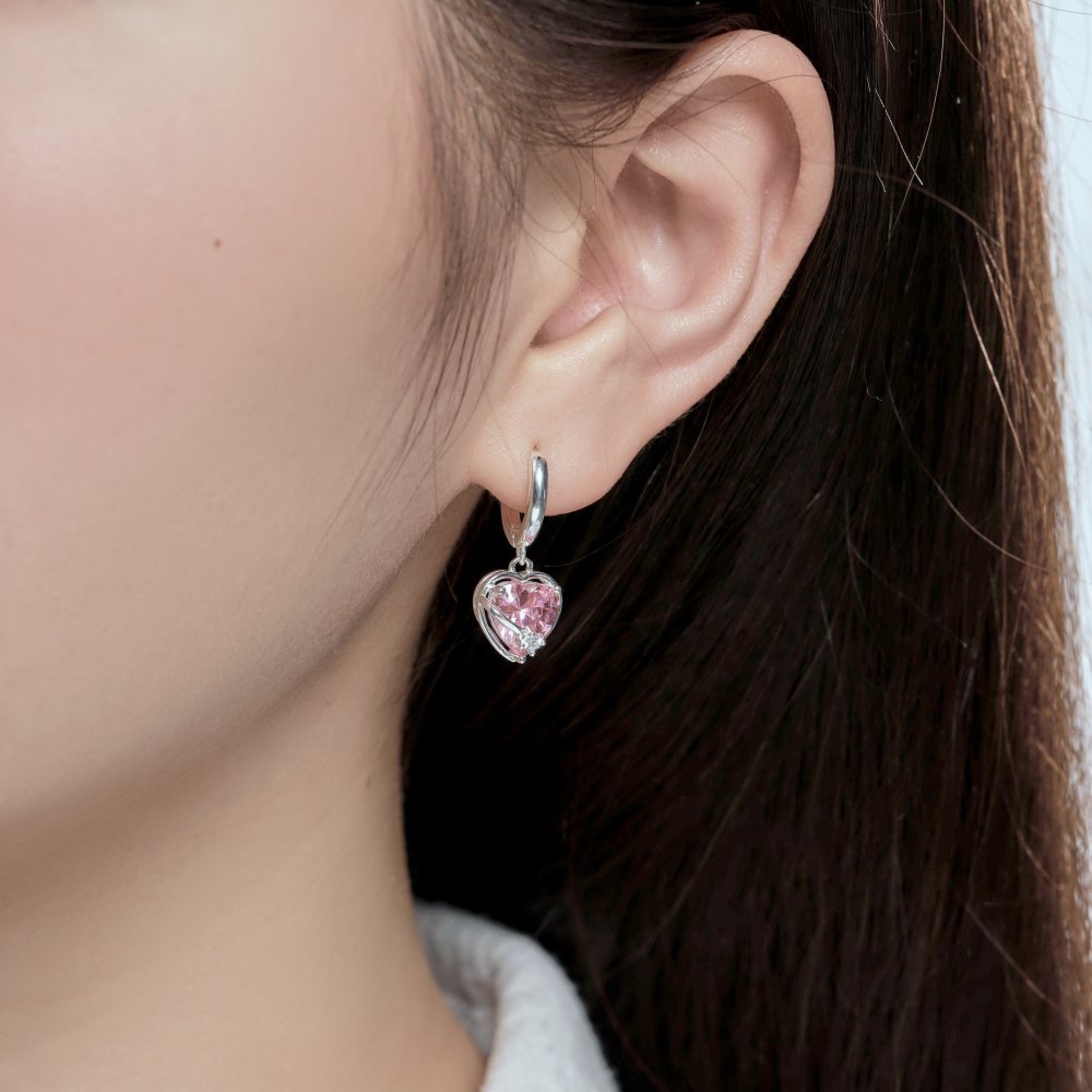 Cz Pink Heart Shaped Sterling Silver Stud Earrings