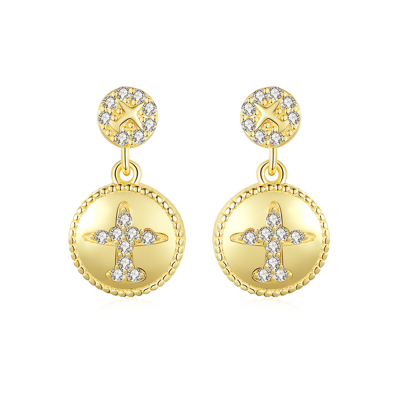 Cz 14K Gold Plated Disc Shaped Sterling Silver Stud Earrings
