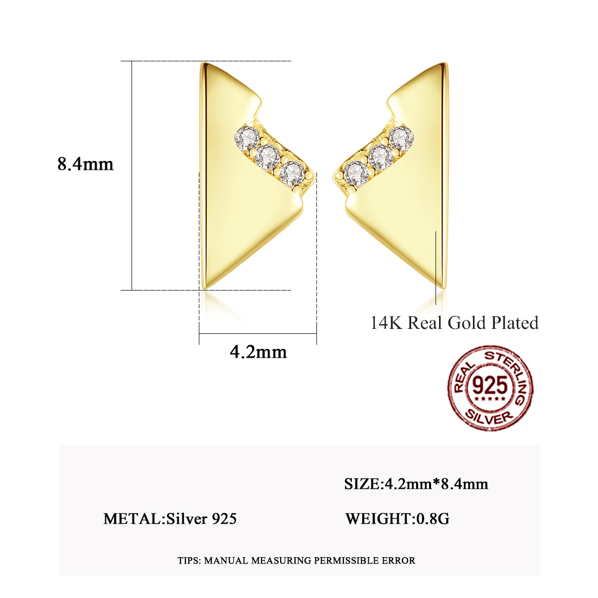Cz 14K Gold Plated Irregular Geometric Sterling Silver Stud Earrings