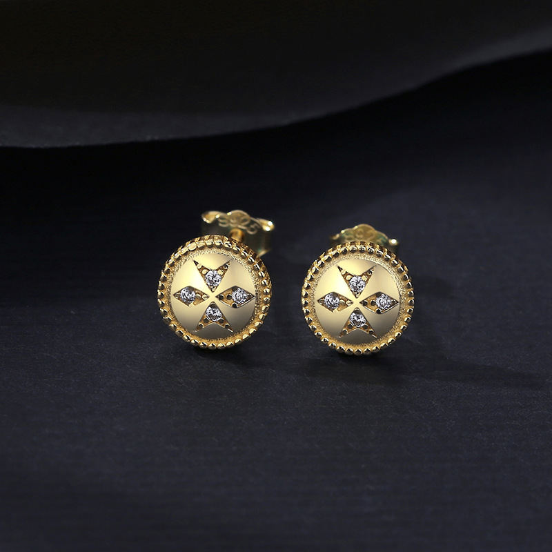 Cz 14K Gold Plated Vintage Round Eight Pointed Star Sterling Silver Stud Earrings