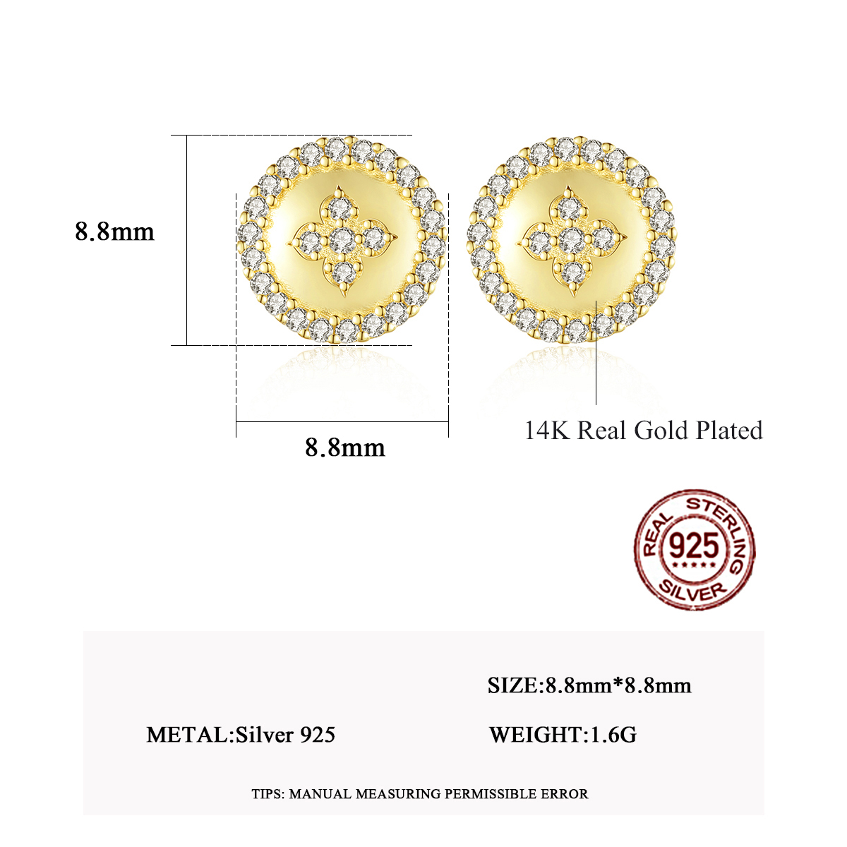 Cz 14K Gold Plated Simple Geometric Fashion Round Sterling Silver Stud Earrings