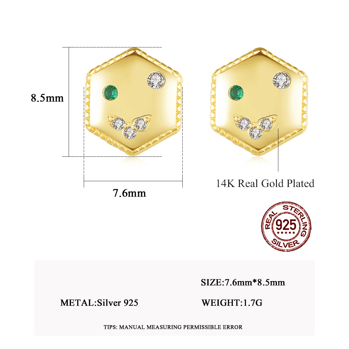 Cz 14K Gold Plated Hexagon Shaped Sterling Silver Stud Earrings