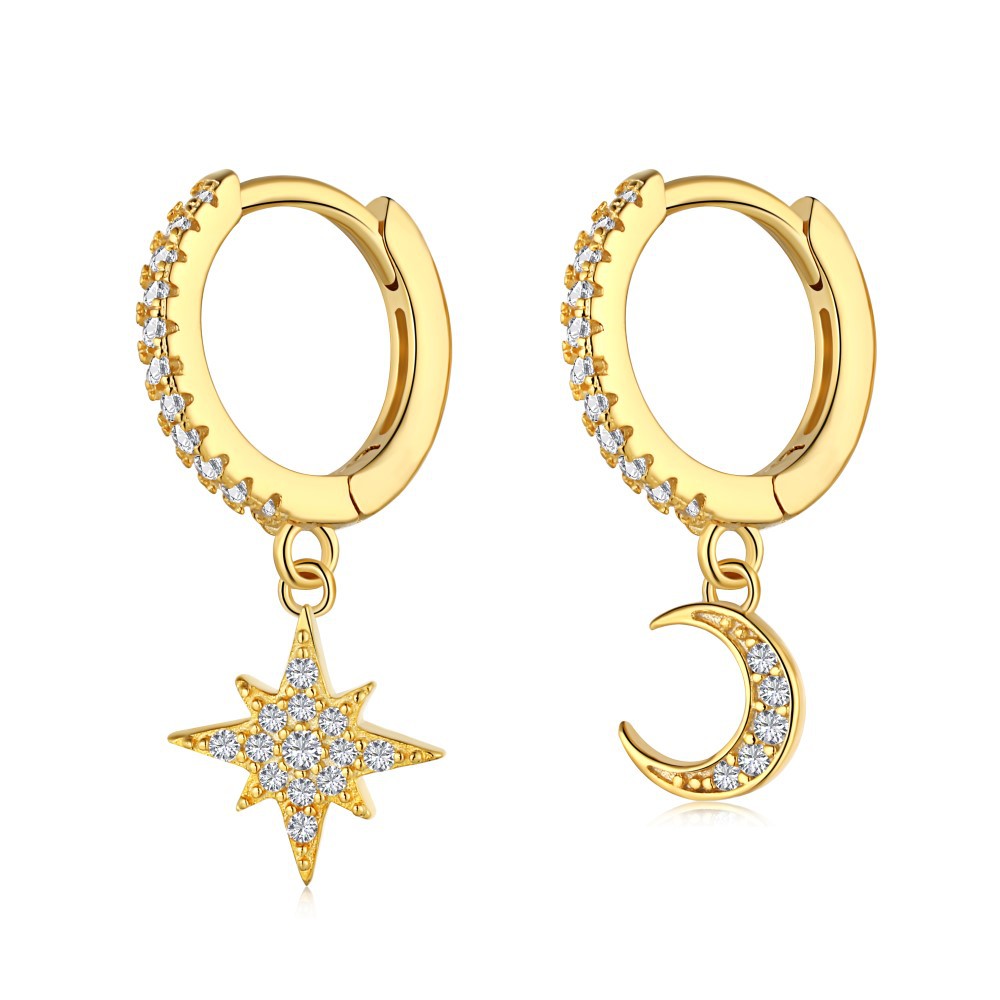 Cz Gold Plated Lucky Star Moon Sterling Silver Stud Earrings