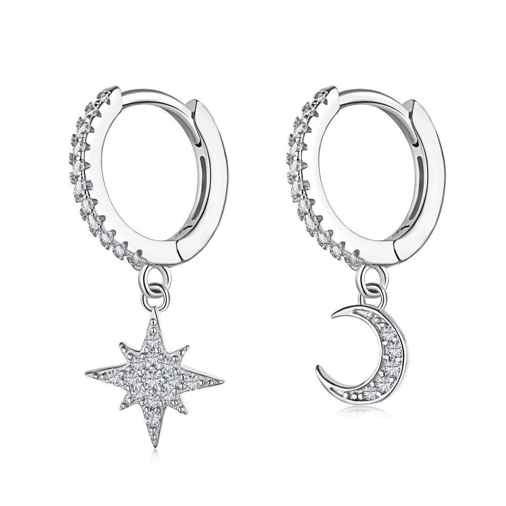 Cz Lucky Star Moon Sterling Silver Stud Earrings