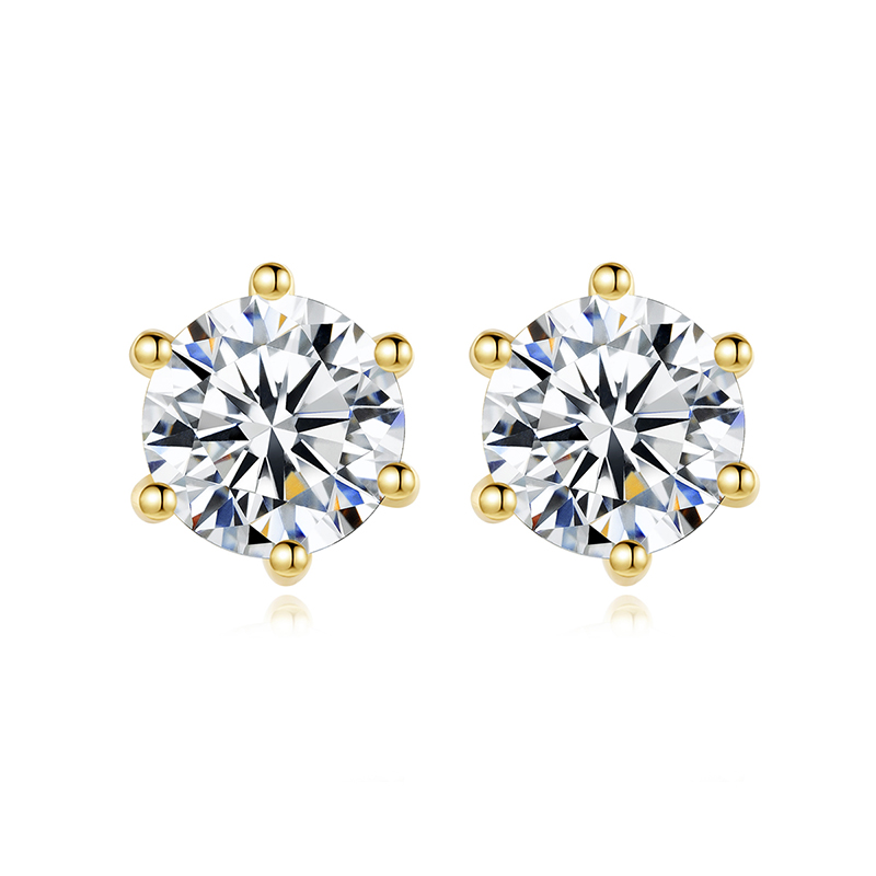 Cz 14K Gold Plated Simple Classic Six Claw Sterling Silver Stud Earrings