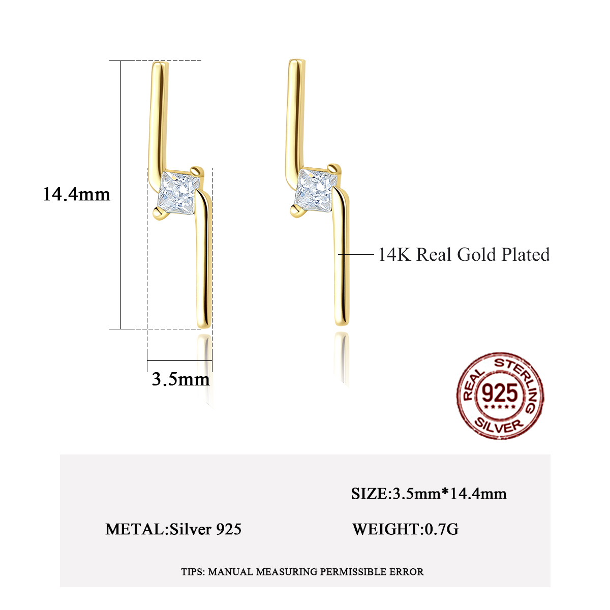 Cz 14K Gold Plated Lightning Design Sterling Silver Stud Earrings