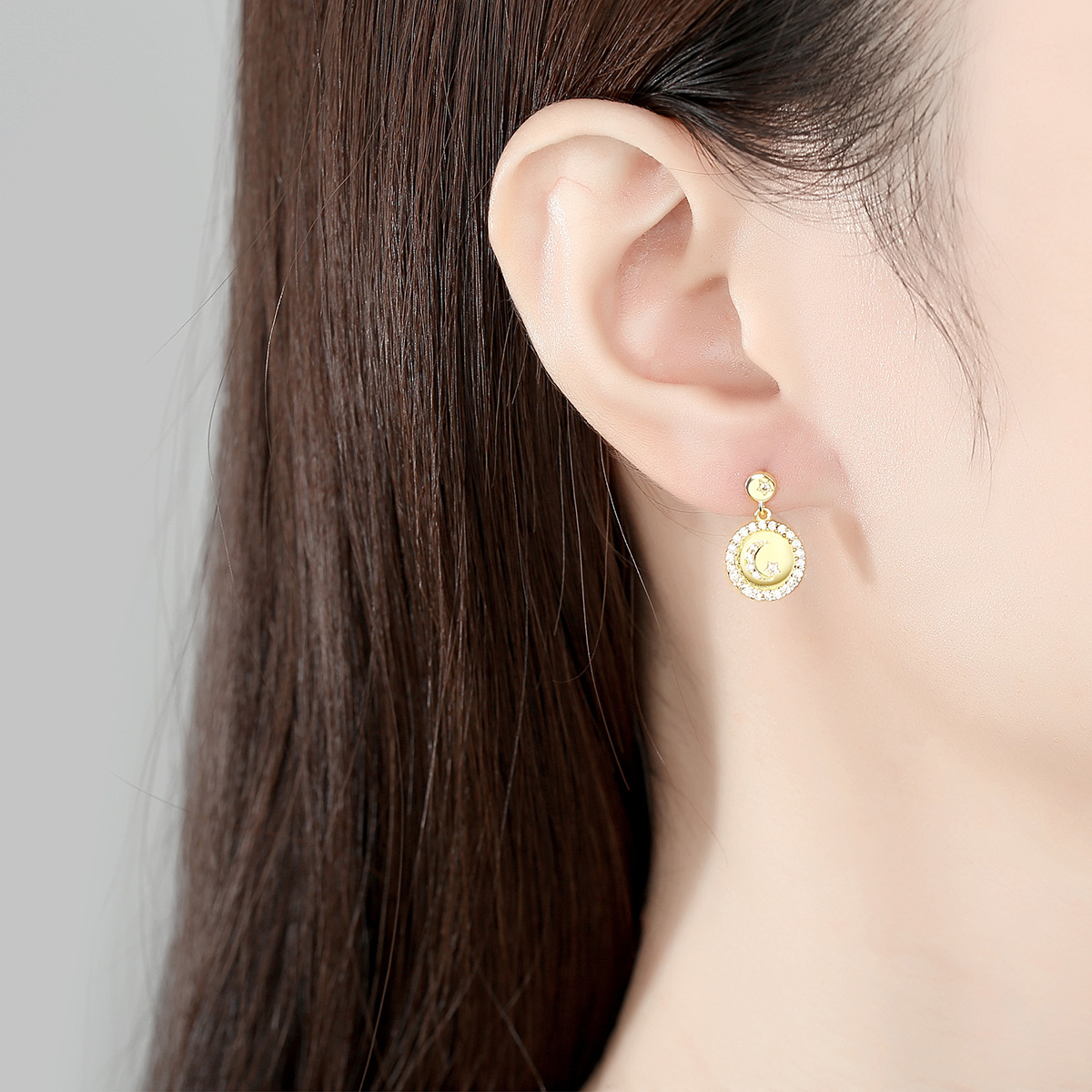 Cz 14K Gold Plated Moon And Star Sterling Silver Stud Earrings