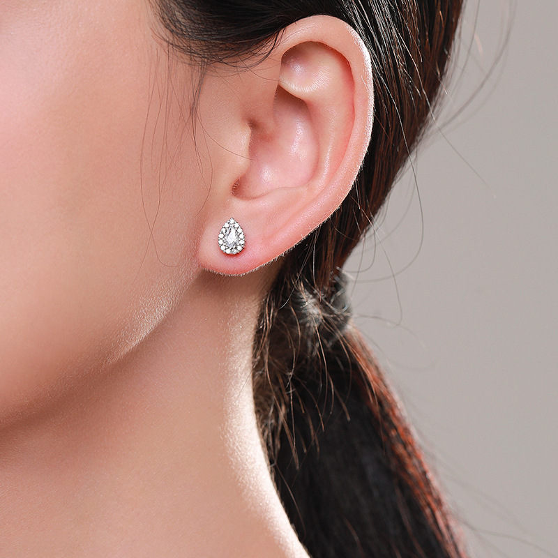 Cz Rhodium Plated Water Drop Set With Diamond Advanced Sense Sterling Silver Stud Earrings
