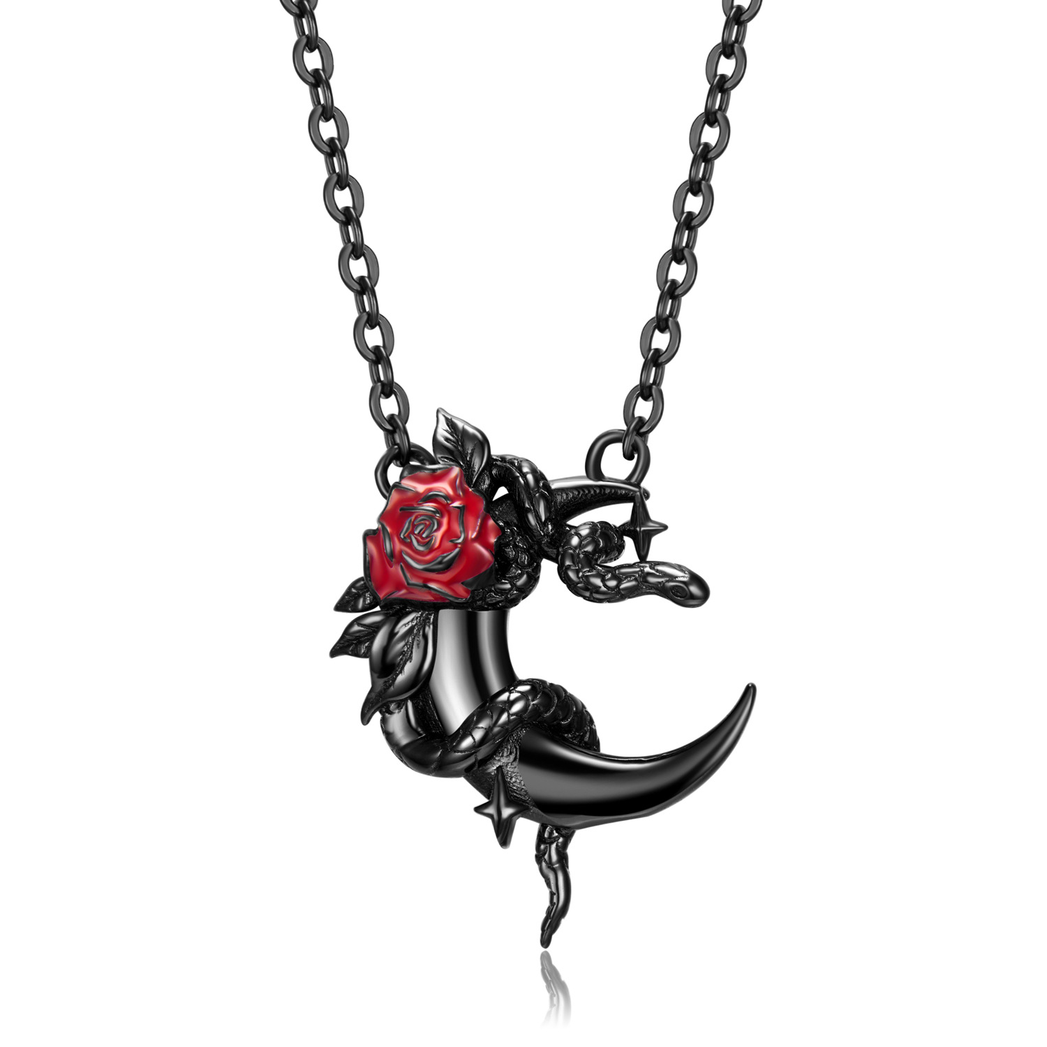 Black Plated Black Snake And Rose Pendanat Sterling Silver Necklace