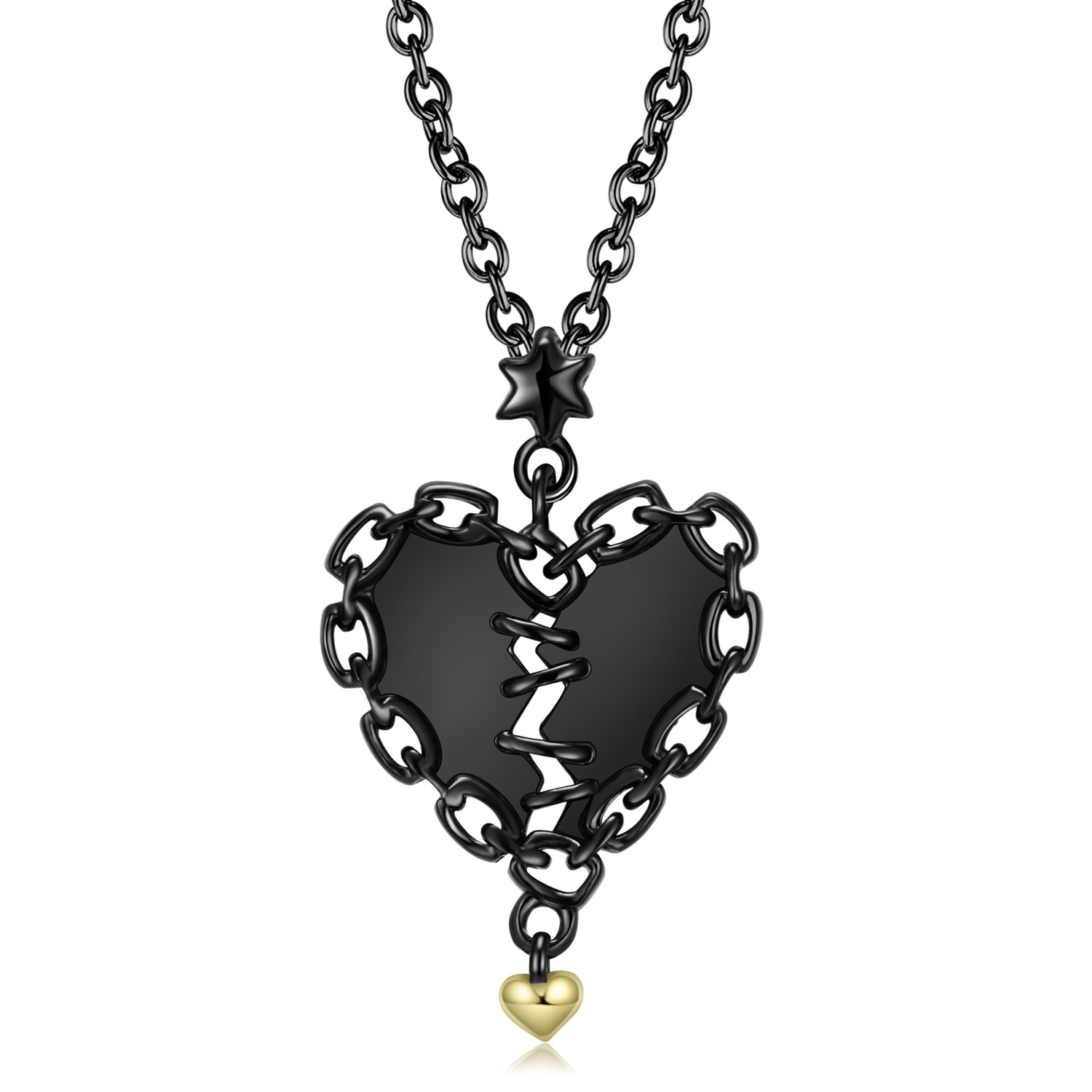 Black Heart Stiching Pendanat Sterling Silver Necklace