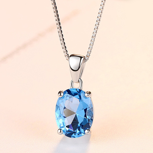 Blue Topaz Stone Pendant Sterling Silver Necklace