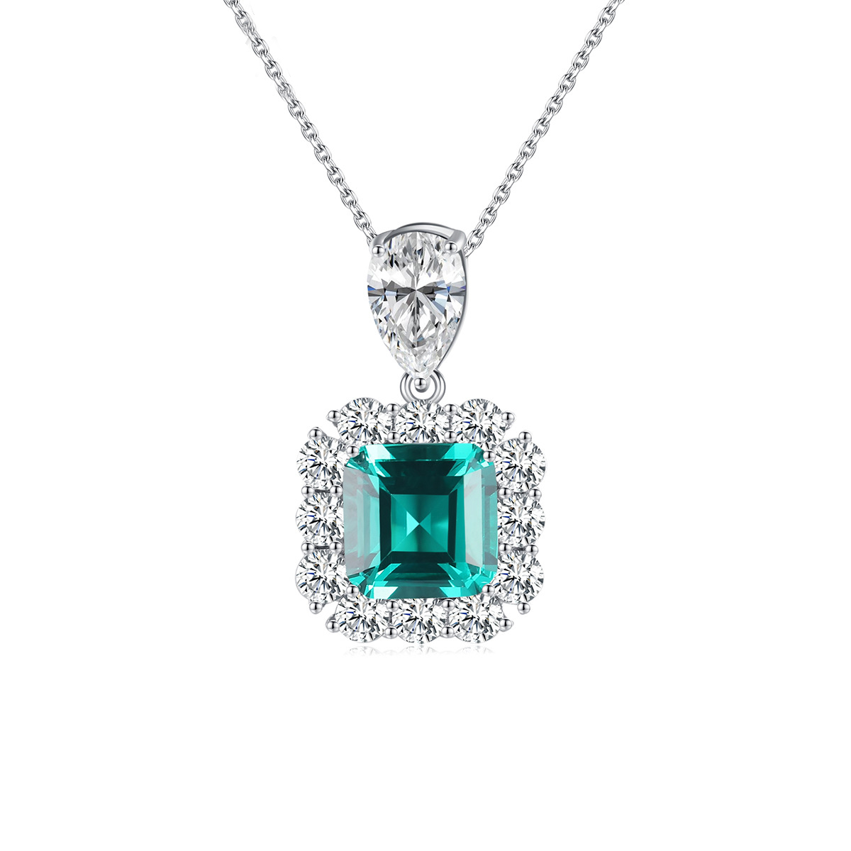 Green Emeralds Square Pendant Sterling Silver Necklace