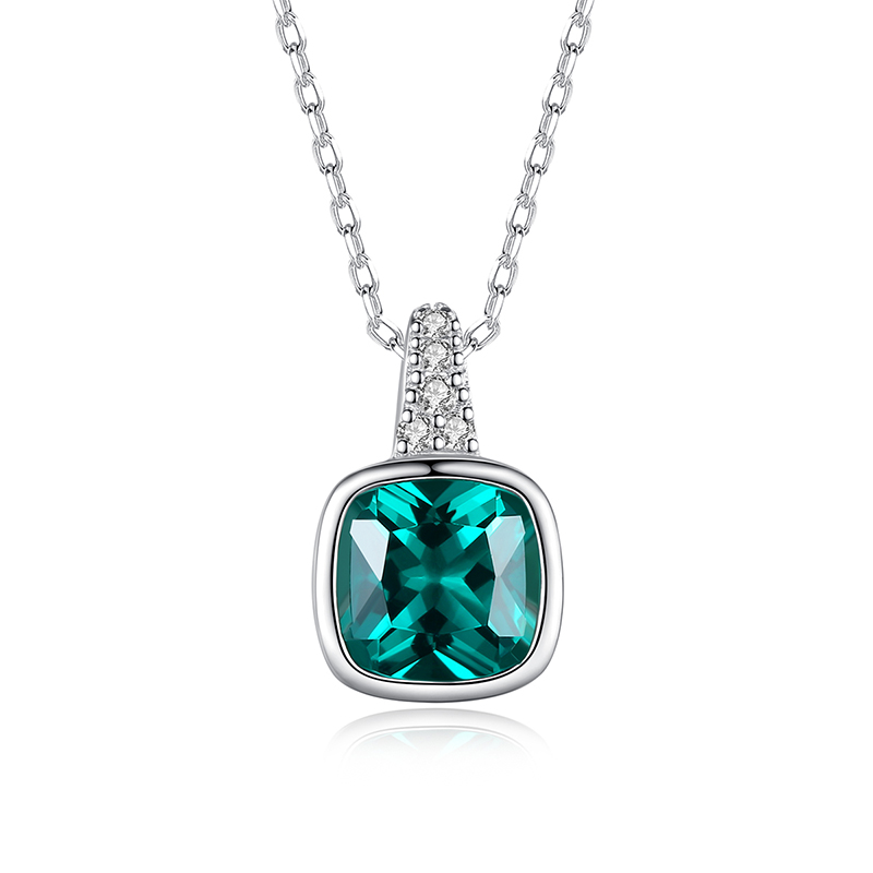 Emeralds Square Pendant Sterling Silver Necklace